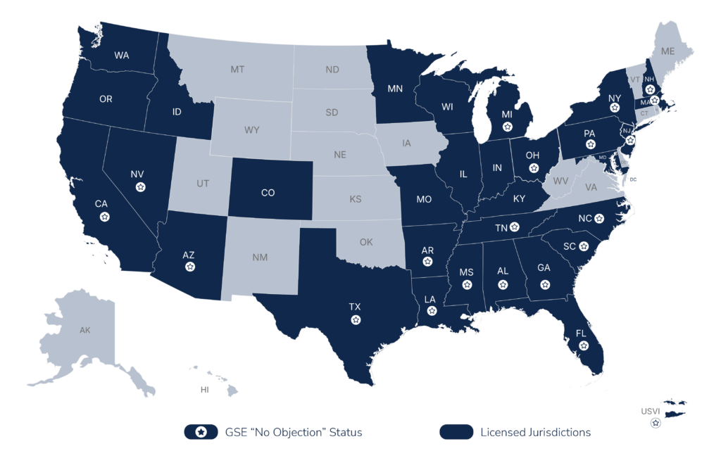 US map highlighting the 21 states where ALAW maintains an active default servicing practice